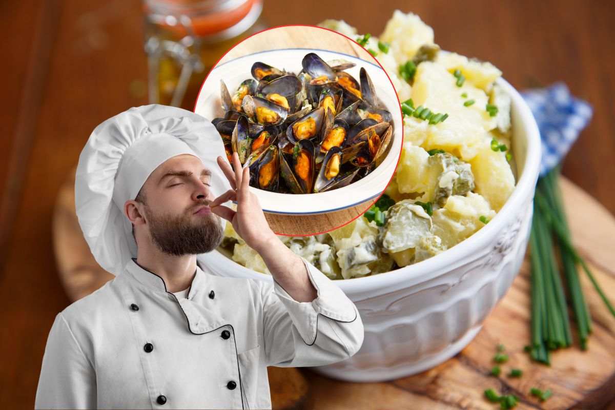 chef, cozze e patate all'insalata