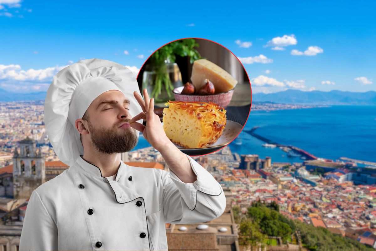 vista di Napoli, chef e fetta di frittata di pasta