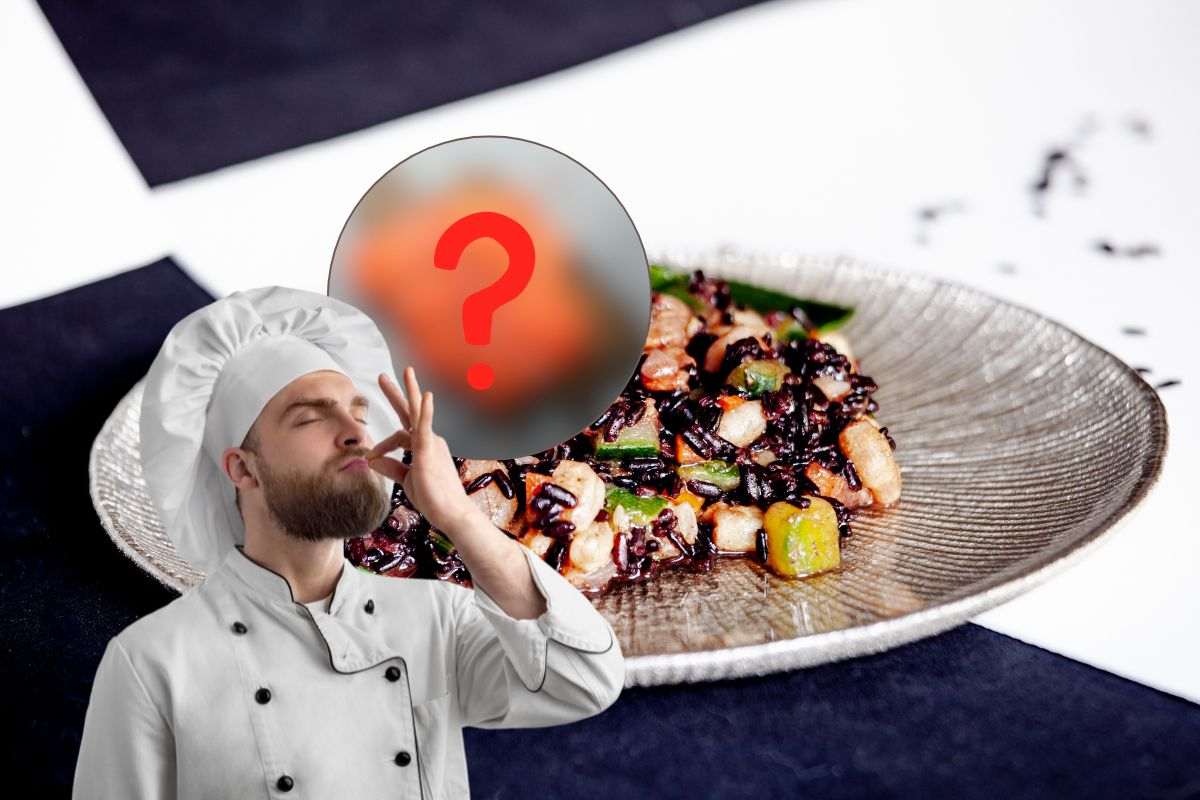 chef, ingrediente misterioso e piatto di riso venere