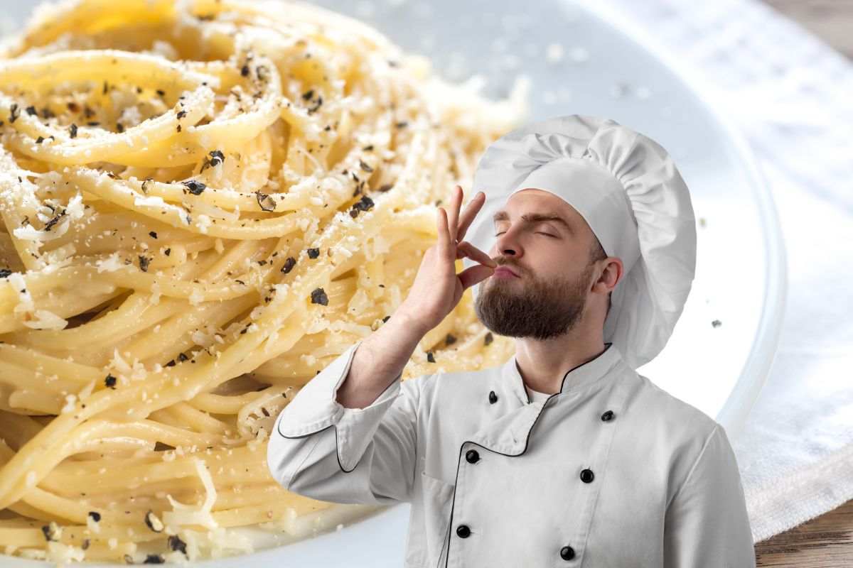 chef e piatto di cacio e pepe