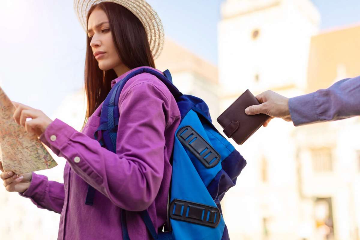 Ladro che ruba portafoglio dallo zaino di una turista