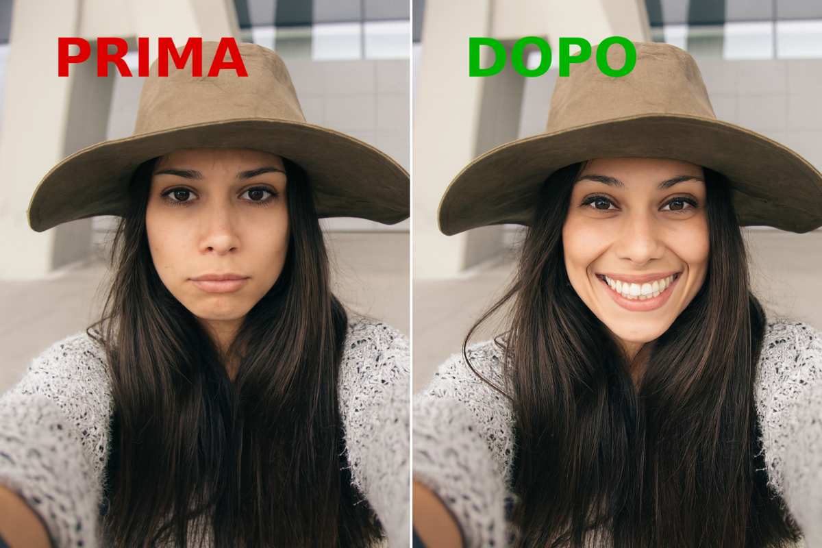 Collage selfie di una ragazza che non sorride e versione con il sorriso: esempio di foto modificata con Nano Banana