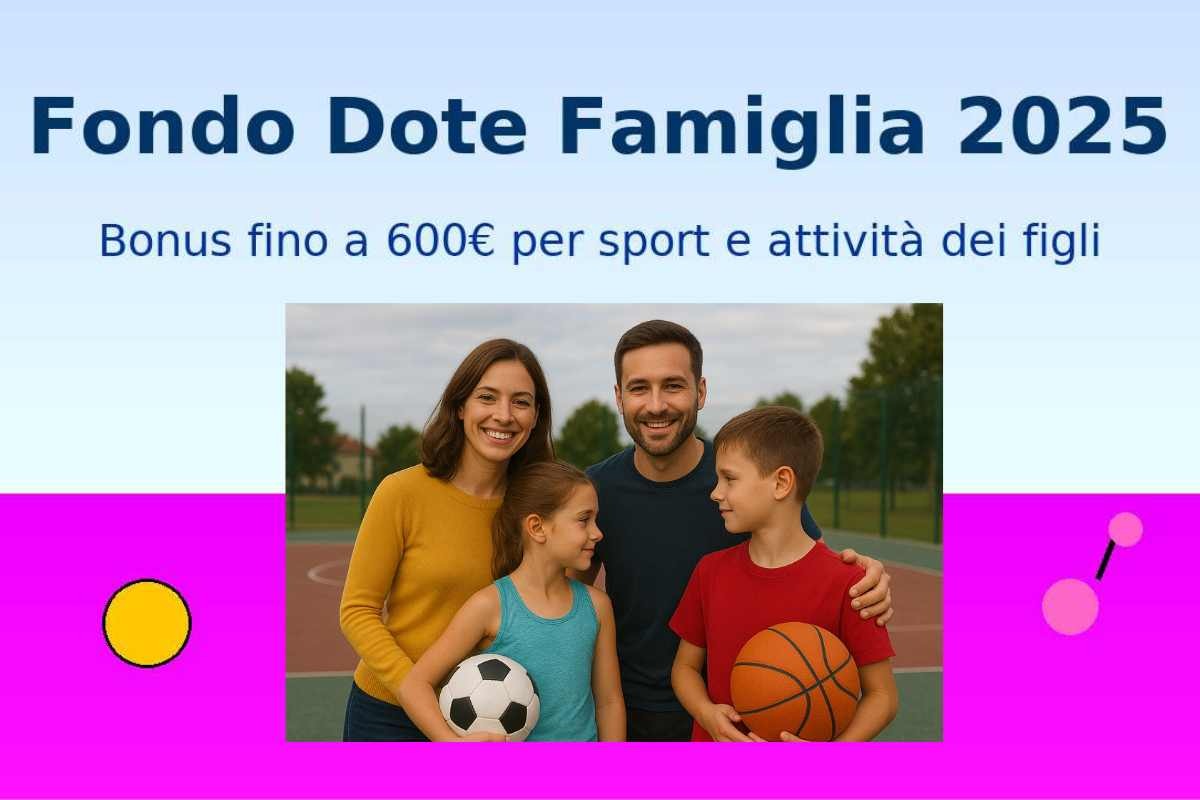 Famiglia italiana con due figli e palloni simbolo del Fondo Dote 2025