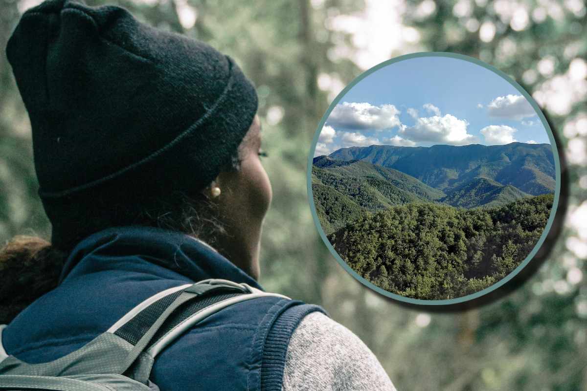 Una donna che fa trakking e, in evidenza, uno scorcio delle Foreste Casentinesi