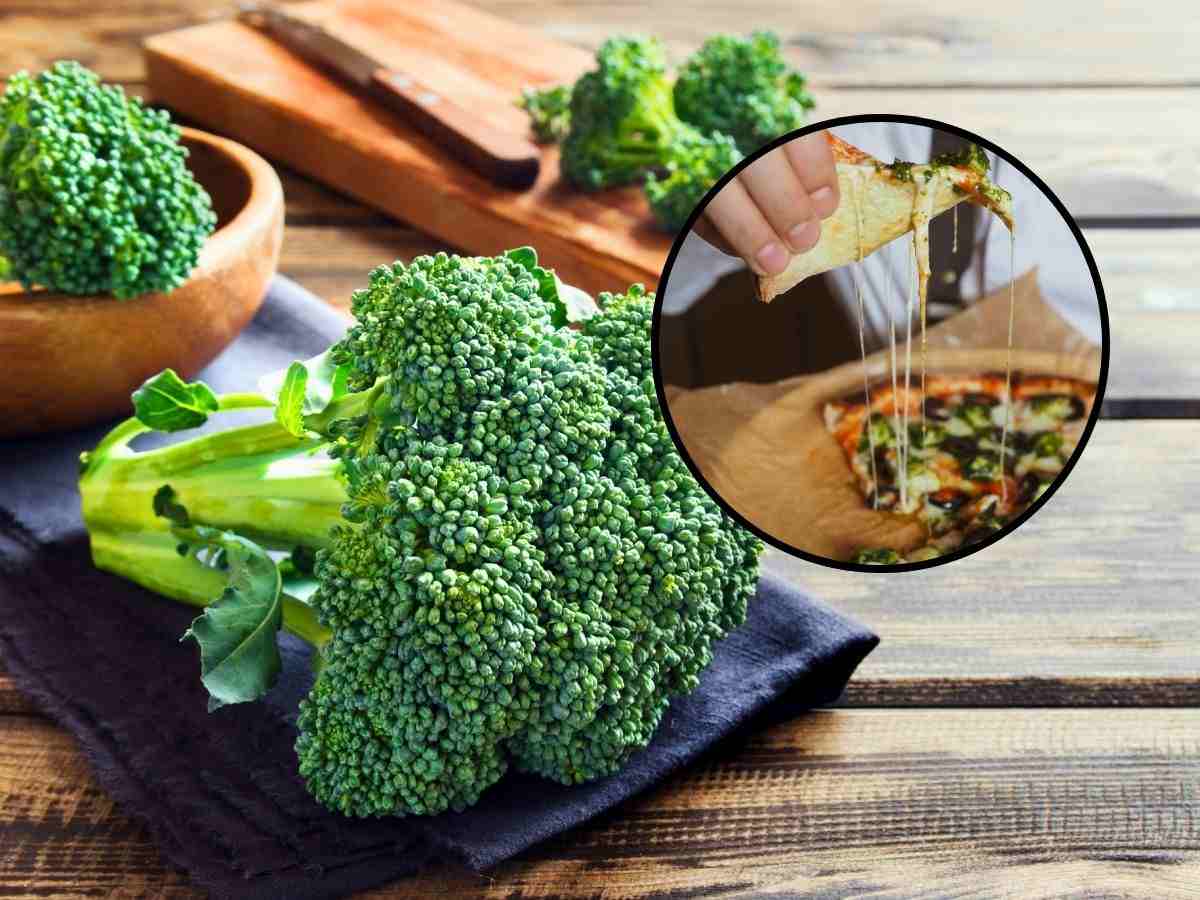 sfondo broccolo su tagliere e tondo con pizza
