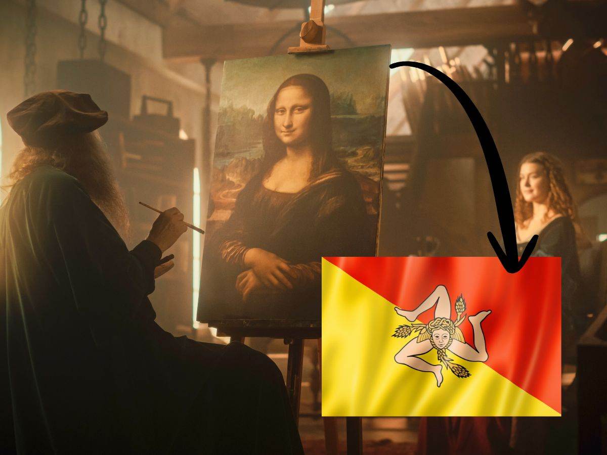 sfondo Leonardo Da Vinci che dipinge e freccia su bandiera siciliana