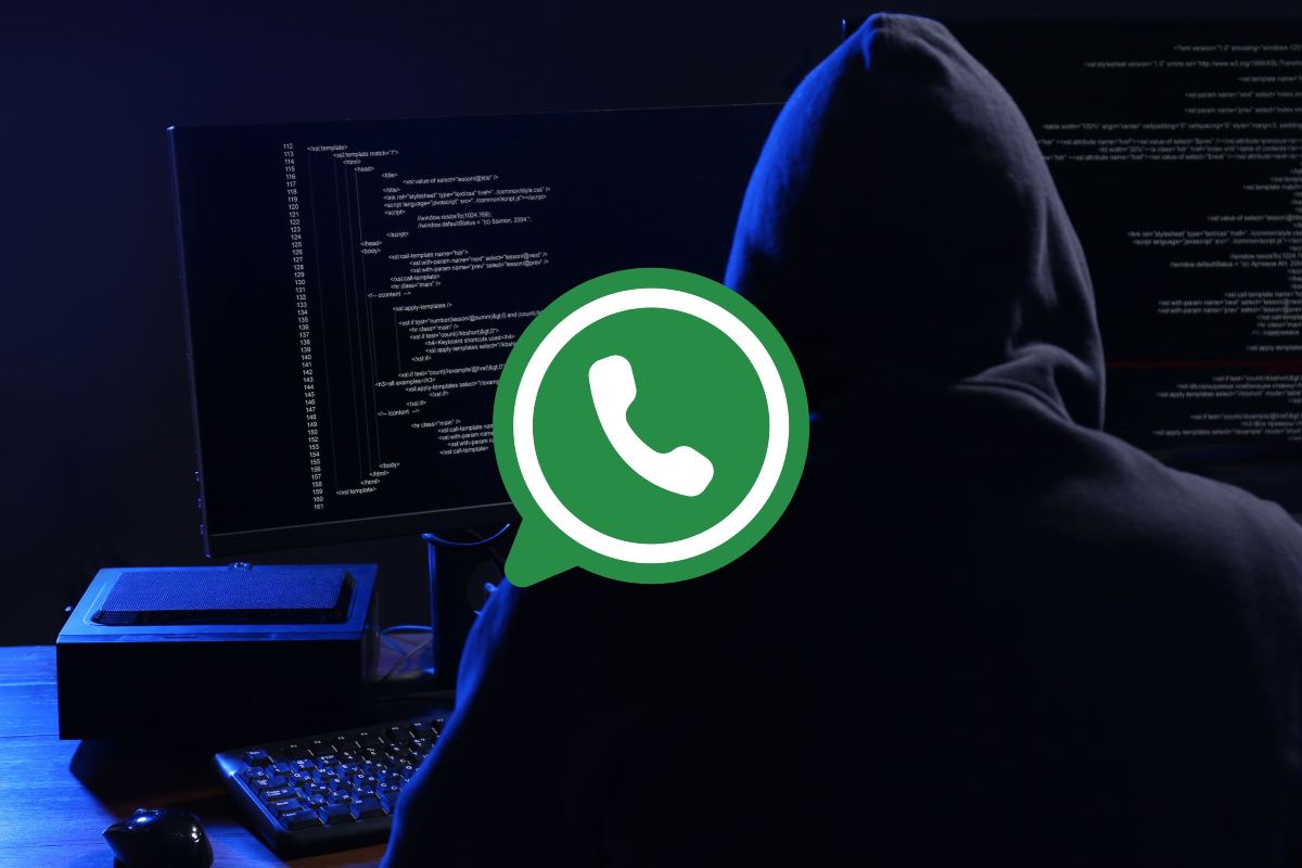 Hacker sullo sfondo e logo di WhatsApp
