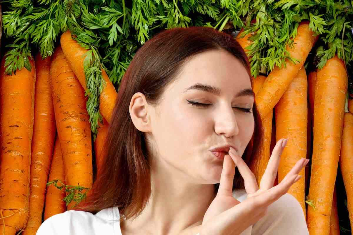 Donna che fa il segno di approvazione e carote in sottofondo