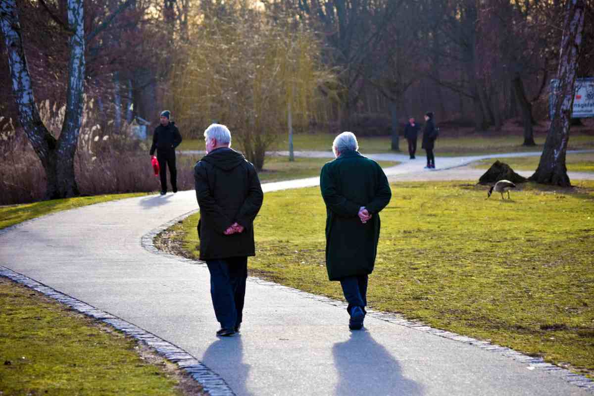 coppia di anziani che passeggia in un parco cittadino