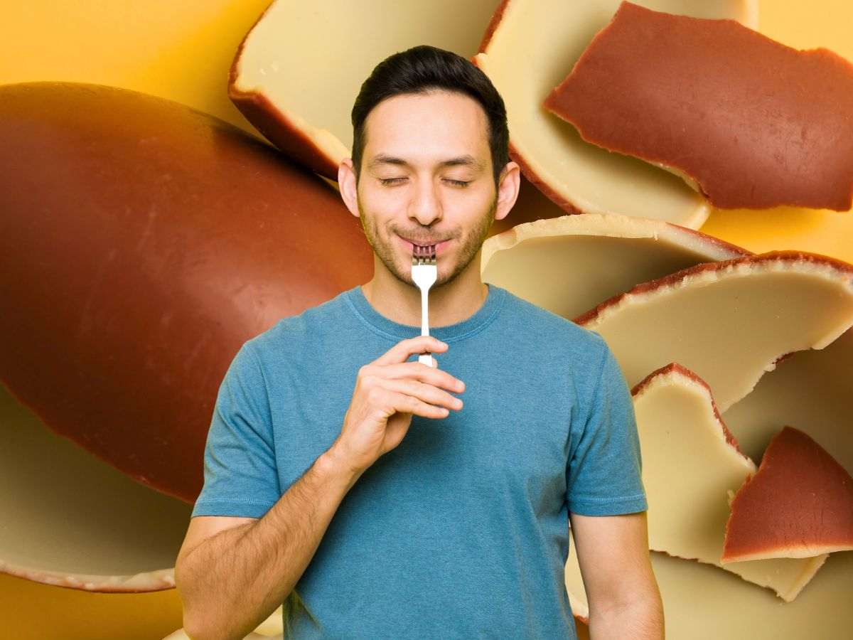 sfondo cioccolata Kinder e uomo che mangia soddisfatto