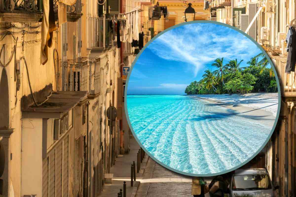 Un palazzo in un rione di Roma e, in evidenza, una spiaggia tropicale dei Caraibi