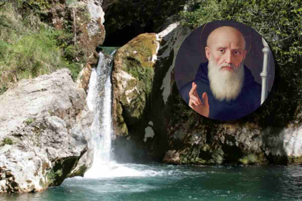 Il laghetto di San Benedetto e, in evidenza, il santo di Norcia