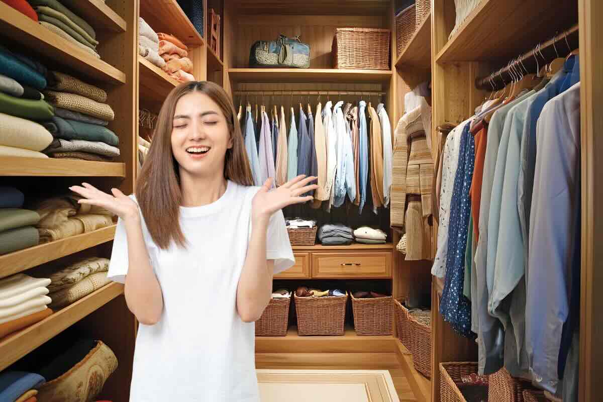 Ragazza felice dentro cabina armadio