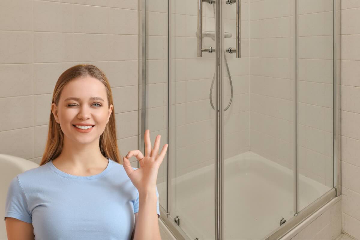 donna felice e doccia 