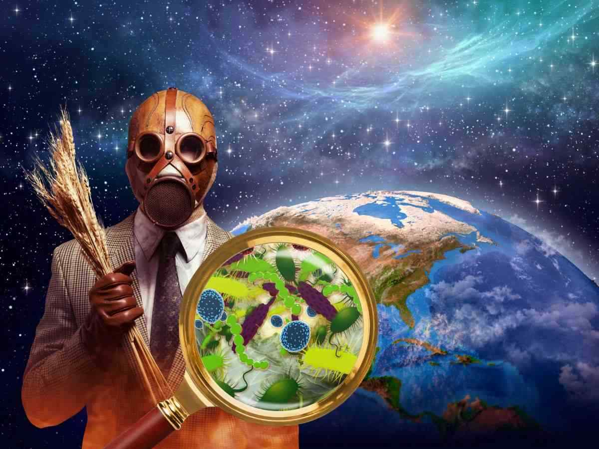 sfondo pianeta terra lente con cibi inquinanti e uomo con maschera antigas