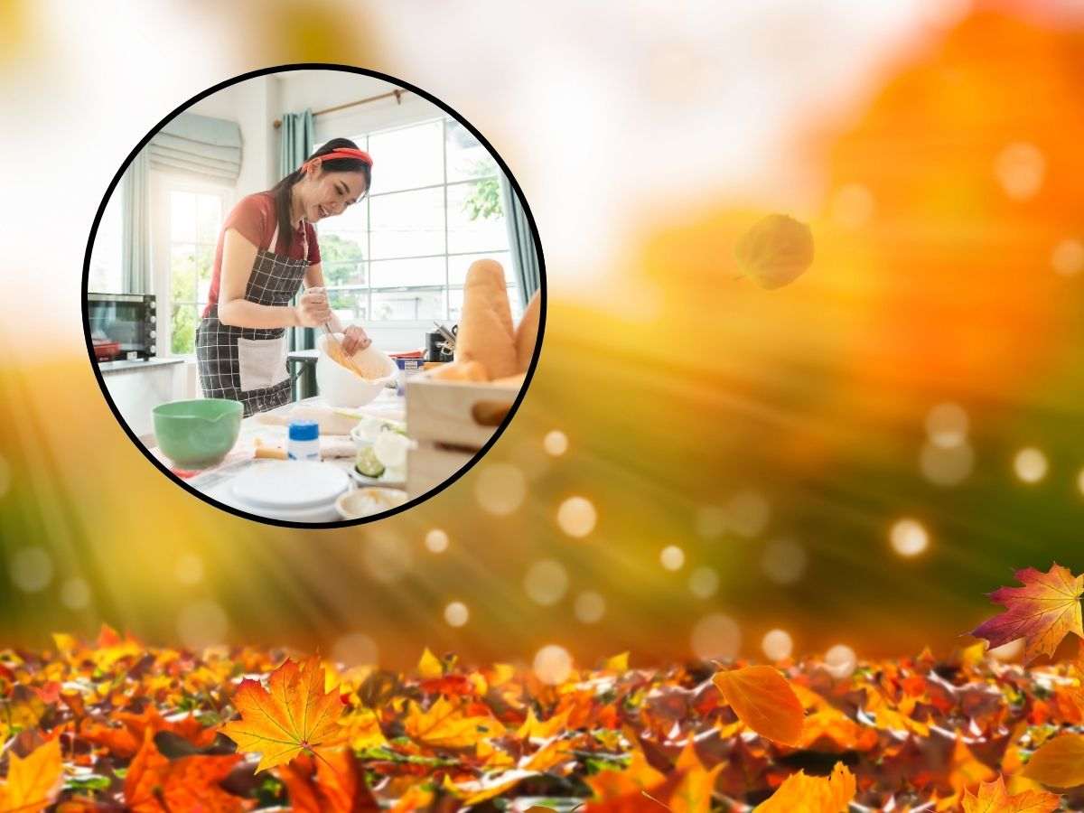 sfondo autunnale e tondo con ragazza che prepara dolce