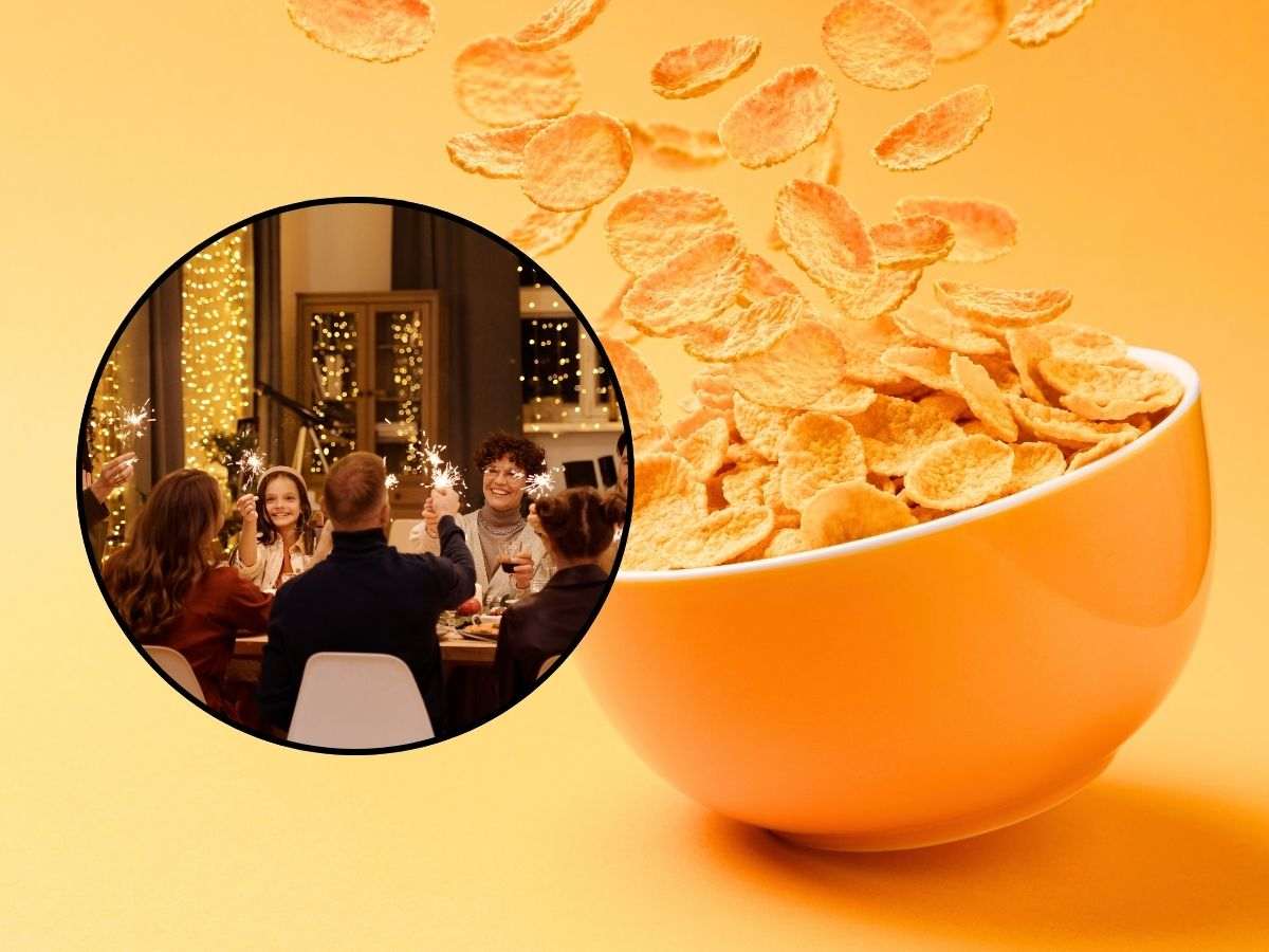 sfondo corn-flakes in ciotola e tondo di persone a cena