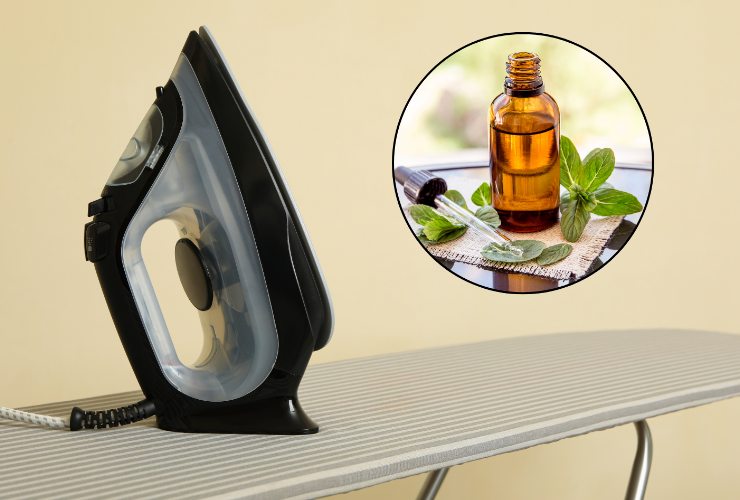 Ferro da stiro e boccetta di essenza profumata