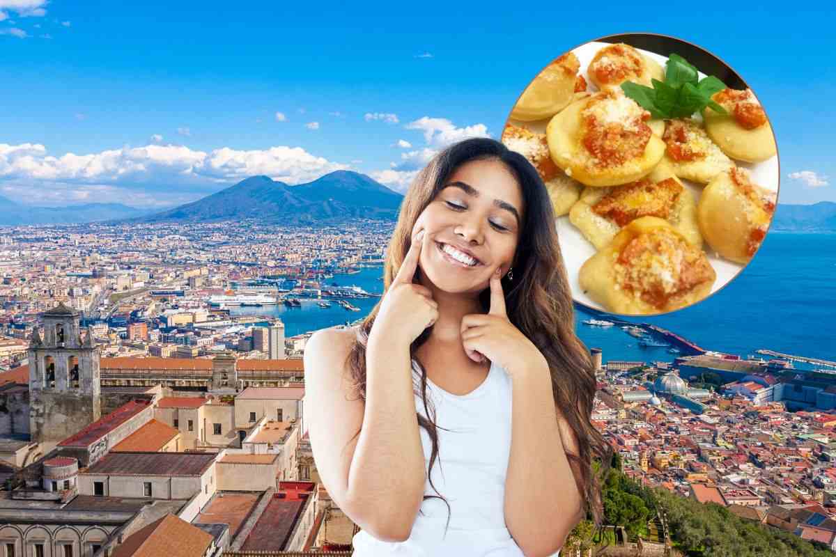 veduta di napoli, pizzette montanare e donna che fa buono