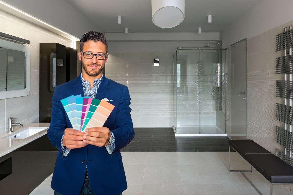 Uomo all'interno di un bagno con in mano campioni colore