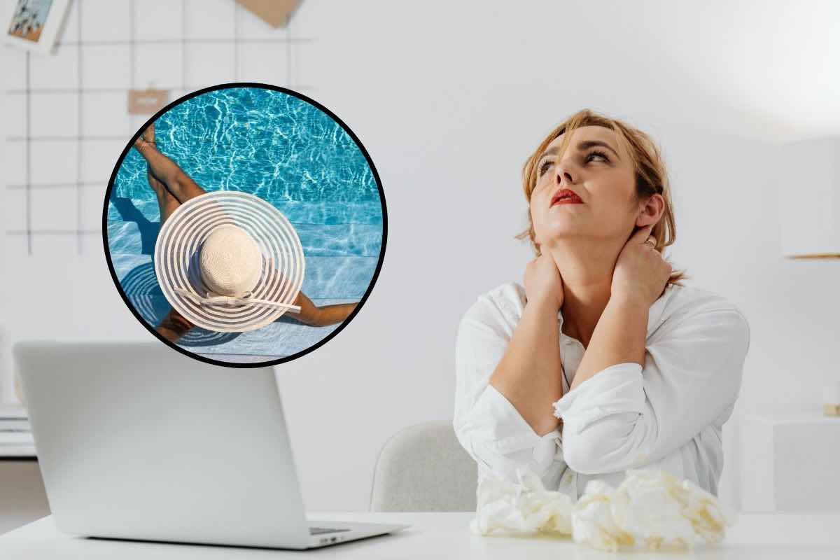 Donna a lavoro e piscina 