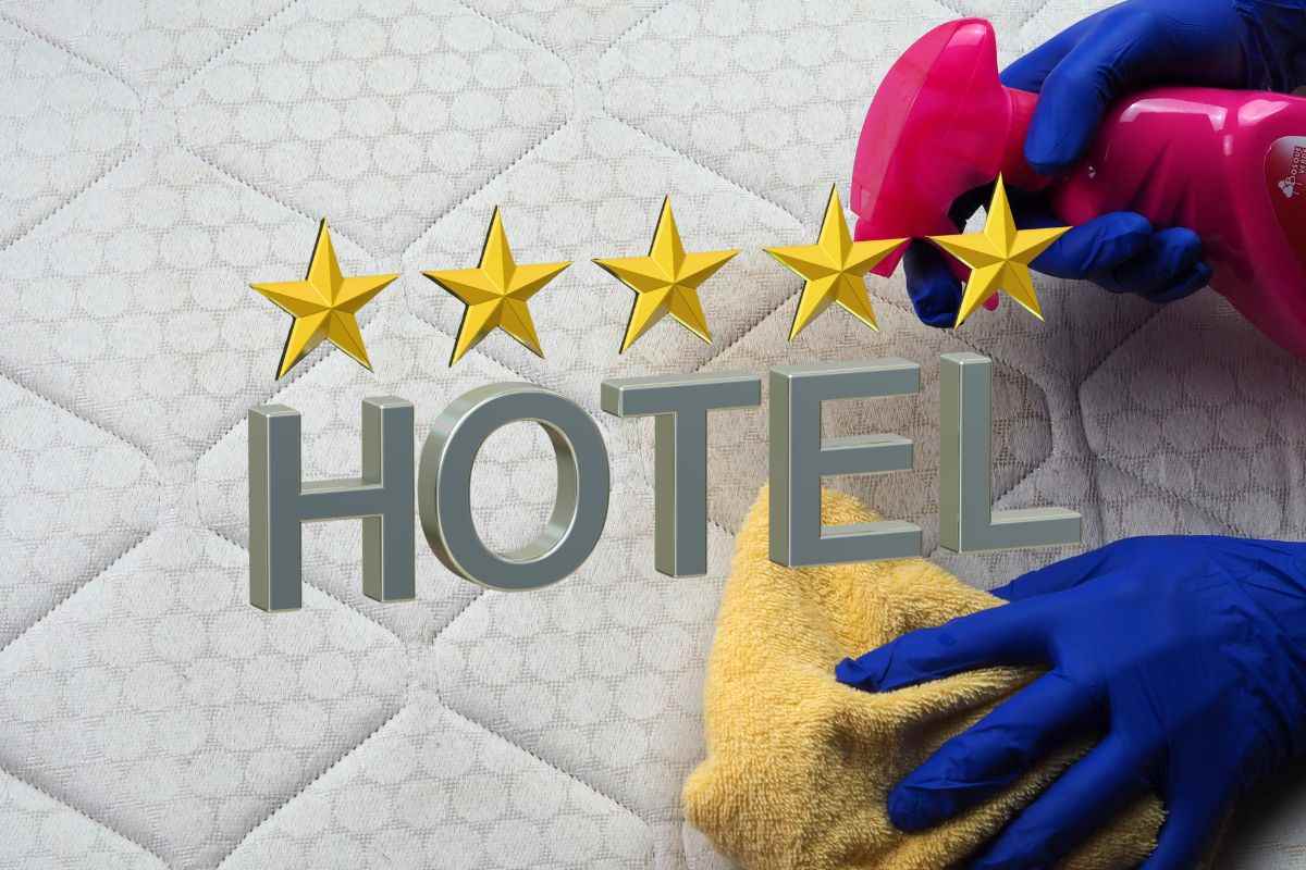 scritta di un hotel a 5 stelle e pulizia del materasso