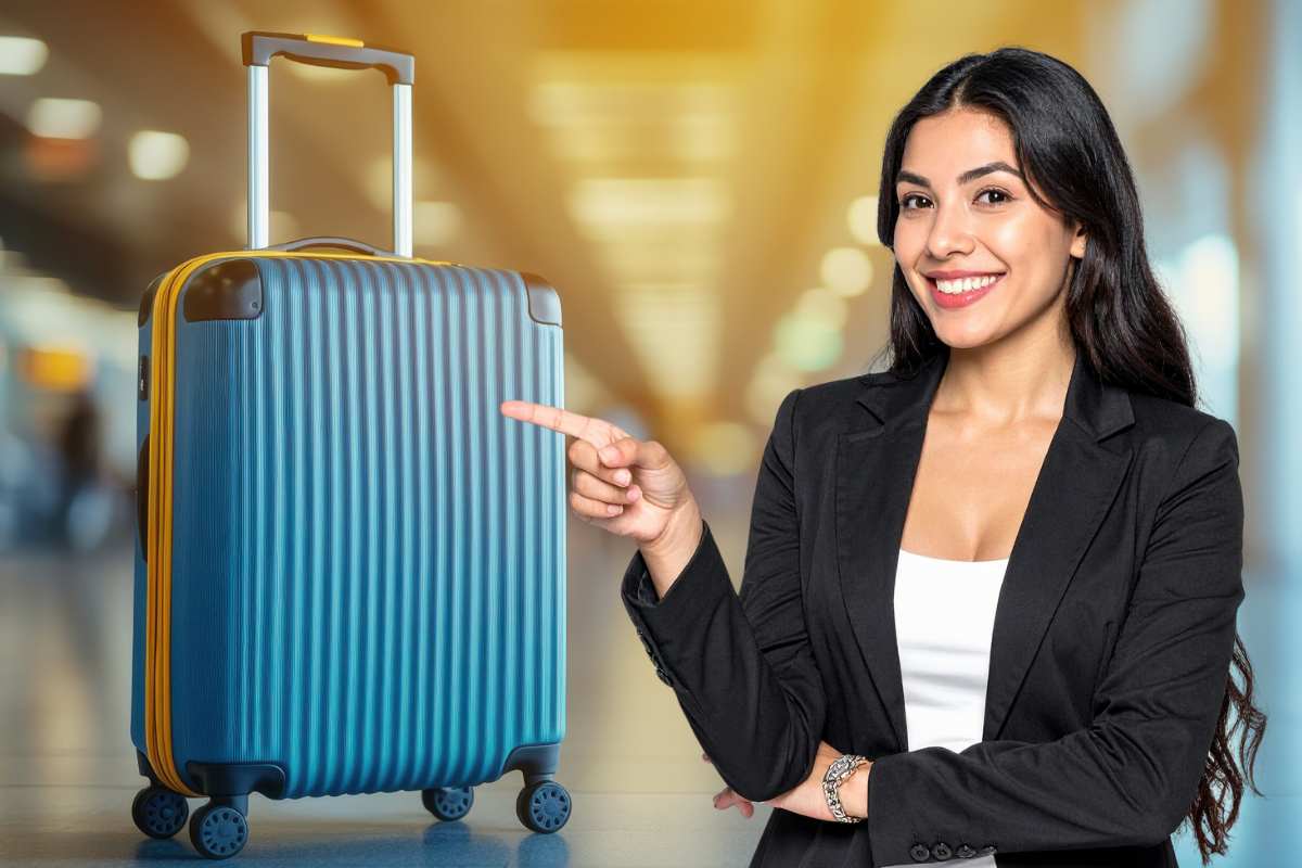 valigia aeroporto donna che indica