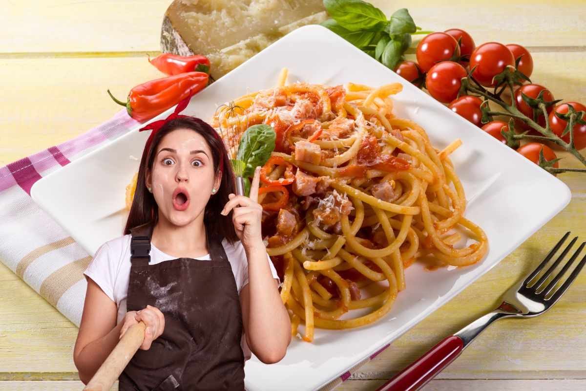 donna stupita e piatto di bucatini all'amatriciana