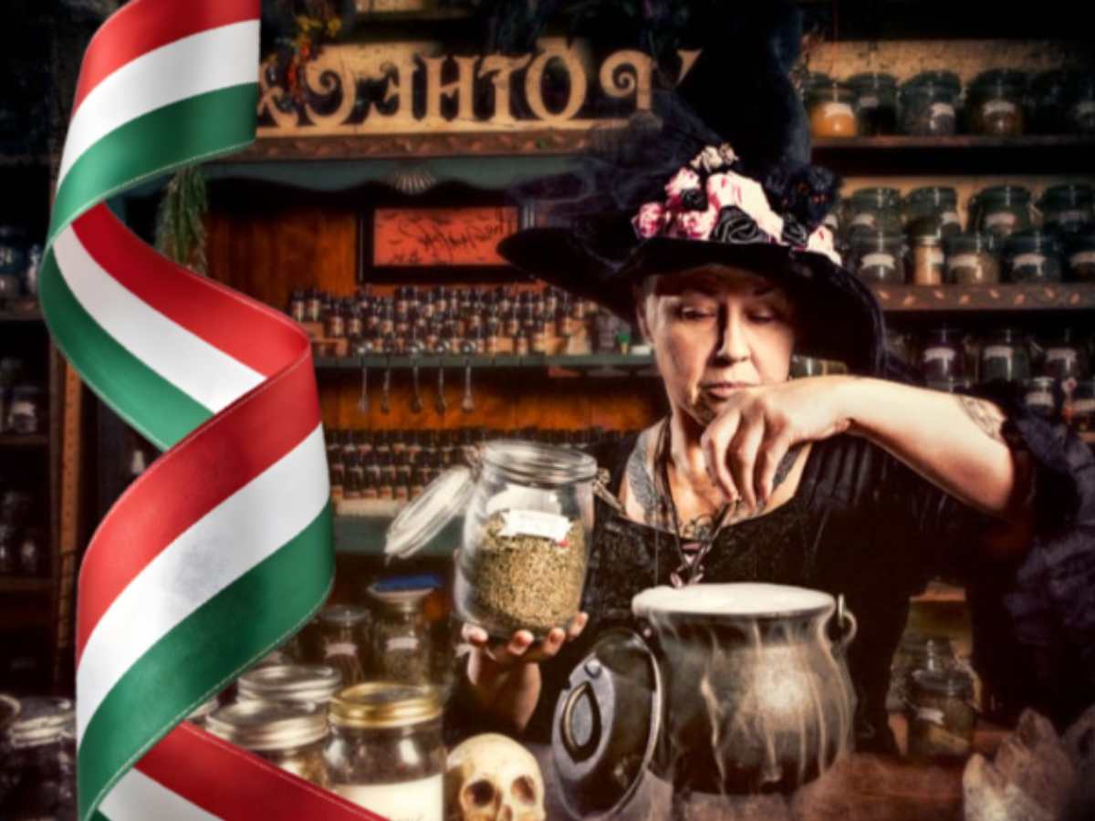 sfondo strega che fa pozione e strisciolina bandiera colori Italia