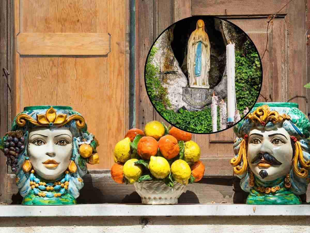 sfondo teste di moro siciliane e tondo con Madonna di Lourdes
