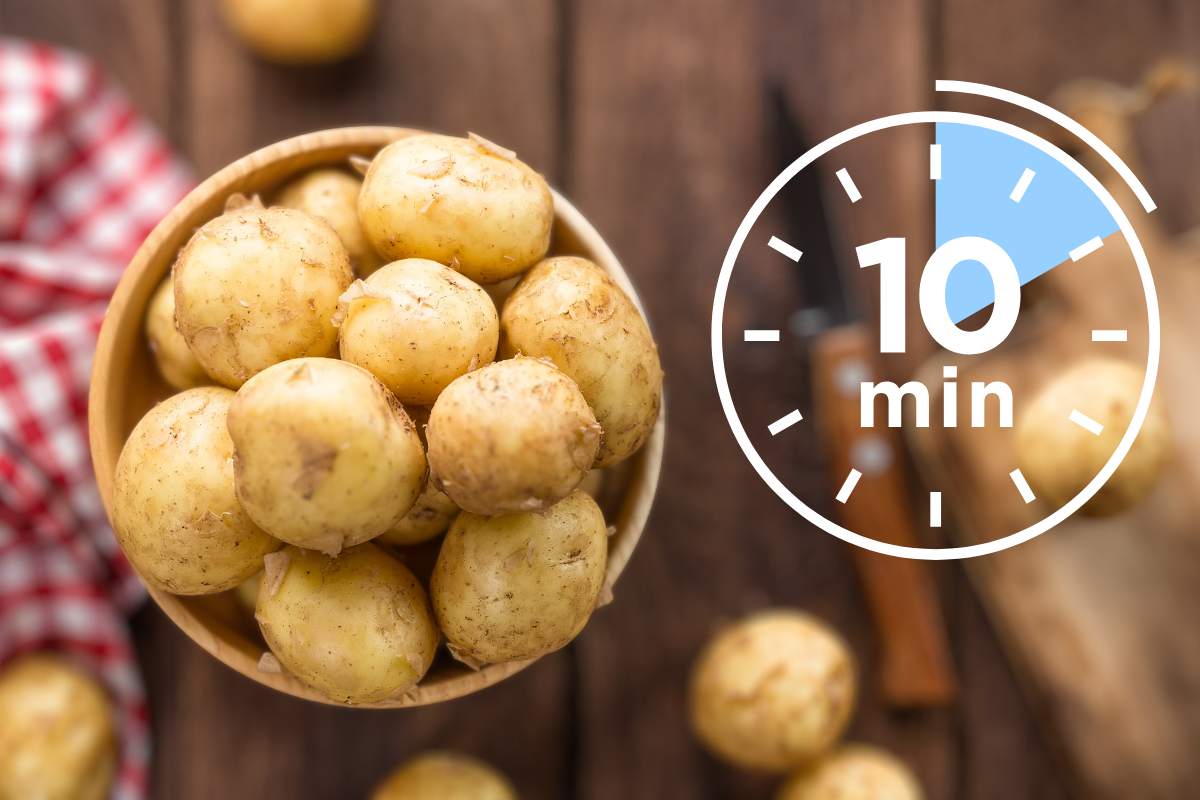 Patate su una ciotola e logo di un timer con scritto "10 minuti"