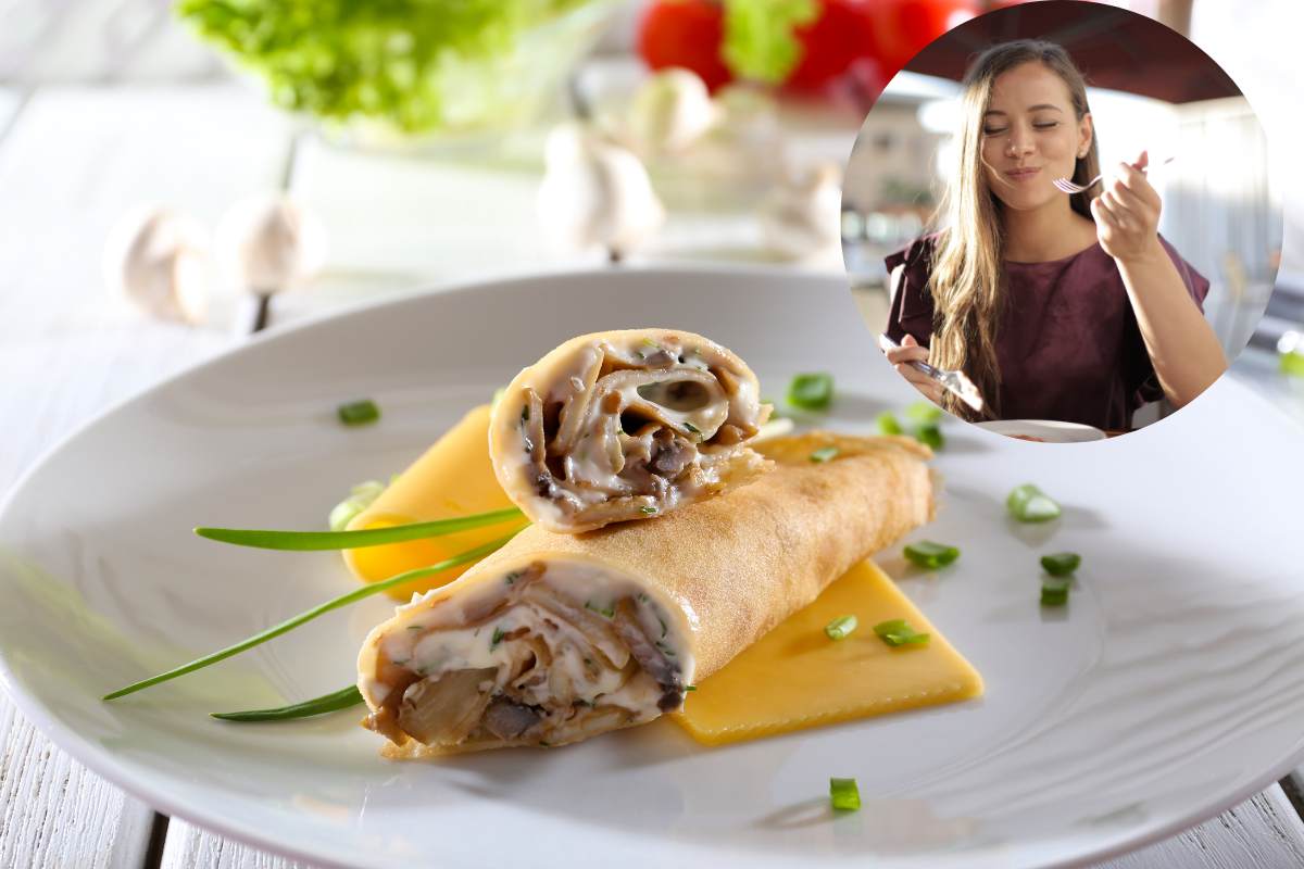 Crespelle ai funghi e donna che mangia