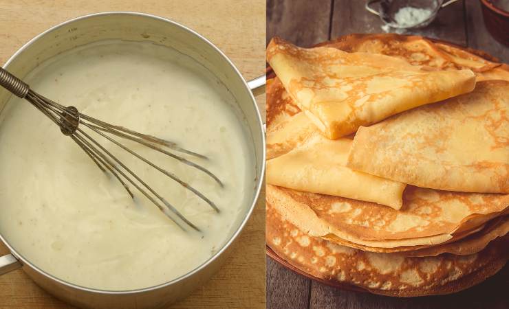 Crepes su piatto e pentola in cui cuoce una salsa ai funghi