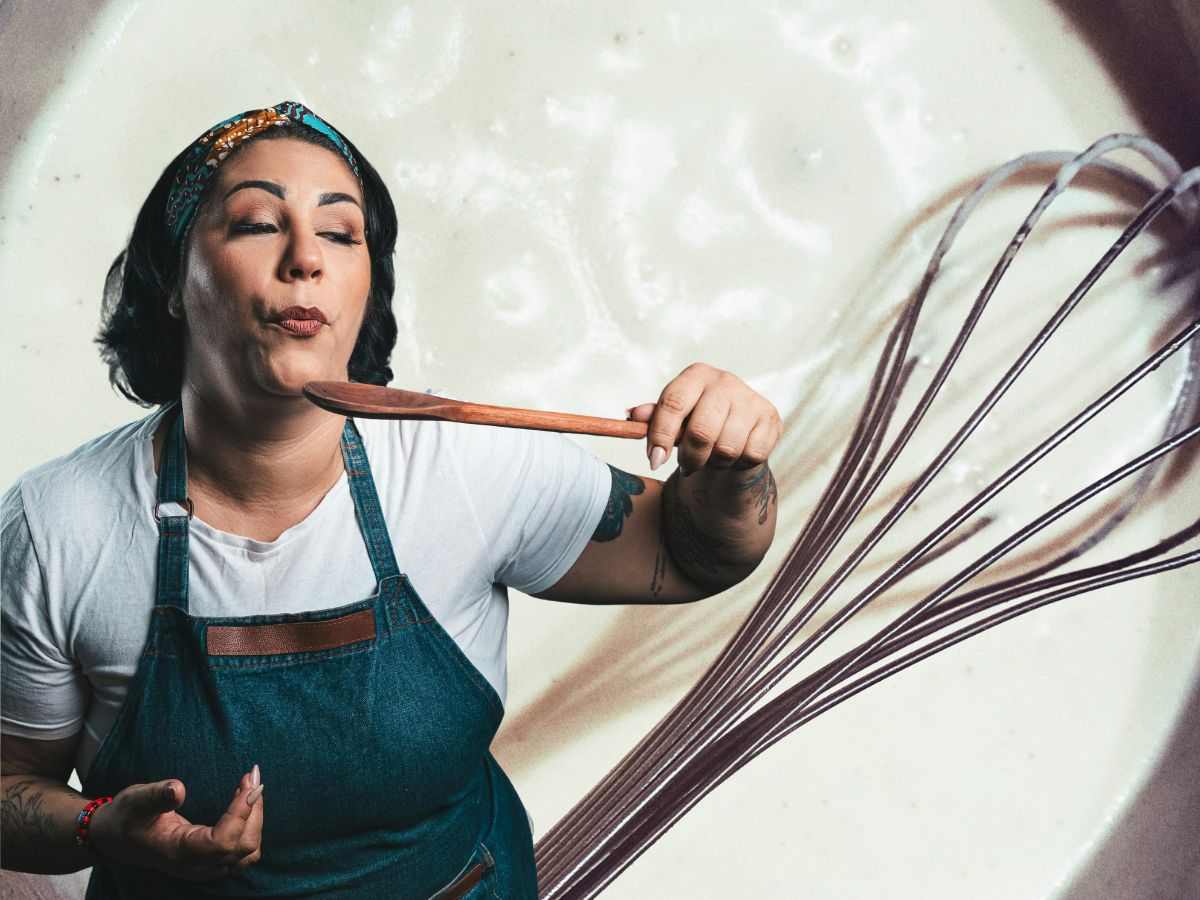 sfondo ciotola di besciamella con frusta e donna che assaggia