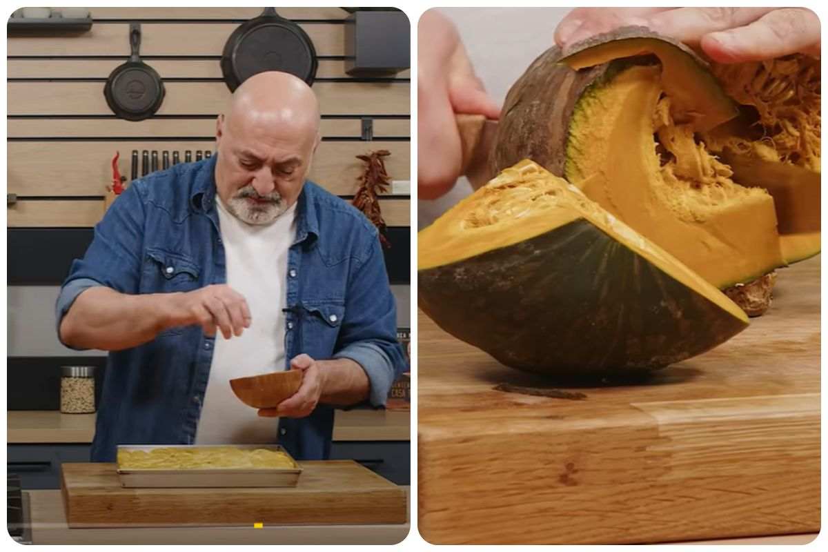 Luca Pappagallo che taglia una zucca gialla