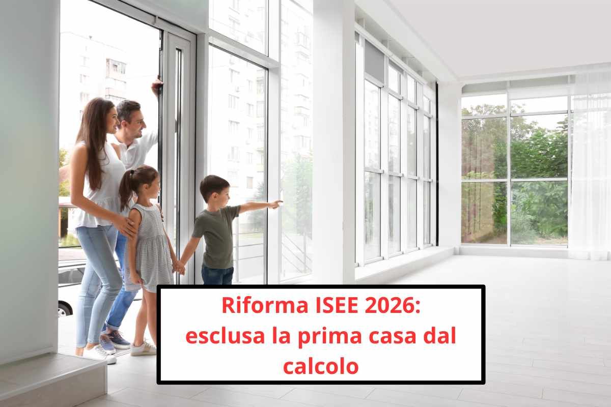 Famiglia che entra in casa e scritta "Riforma ISEE 2026"