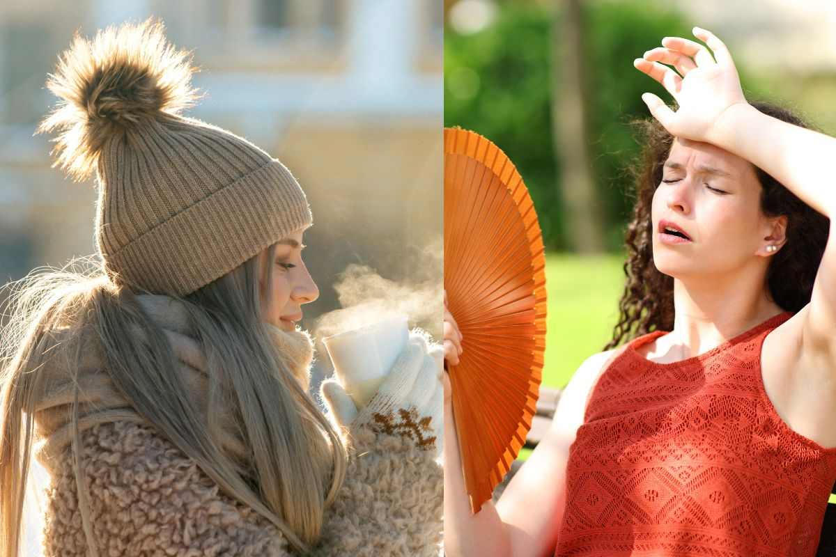 Donna in abiti invernali che beve cioccolata calda e donna accaldata che si sventola con ventaglio