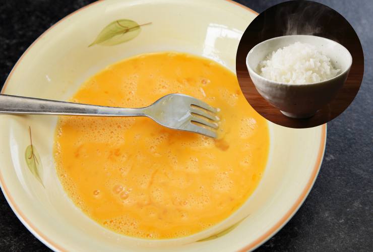 Uomo sbattuto e ciotola di riso