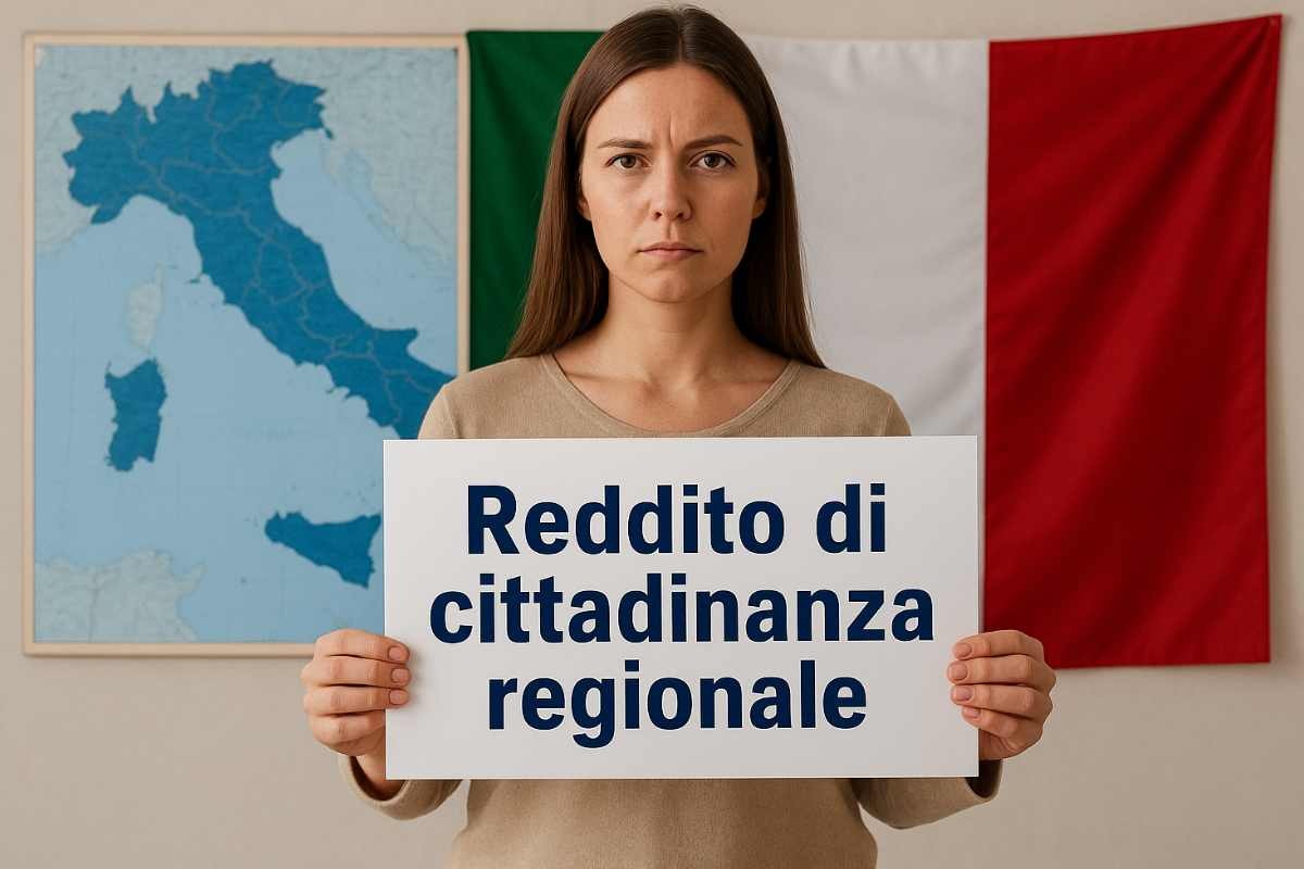 Donna che tiene in mano cartello co scritto Reddito di cittadinanza