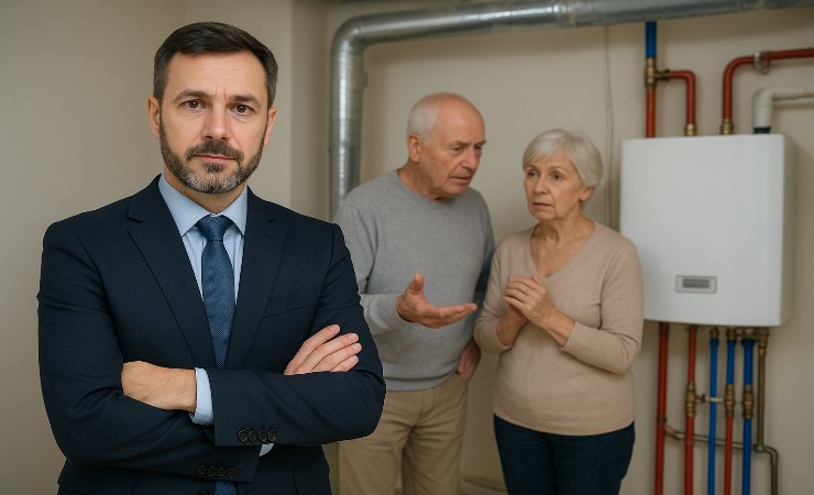 Amministratore e condomini vicino al riscaldamento centralizzato