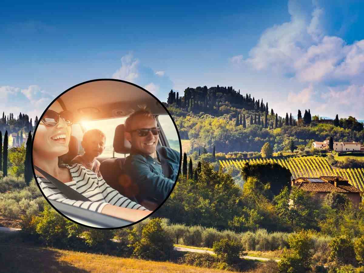 sfondo Toscana e tondo con famiglia in viaggio