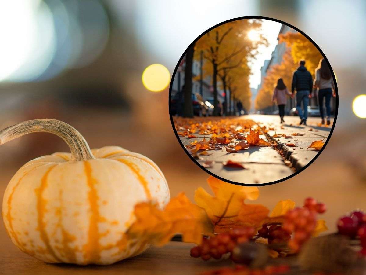 sfondo dettagli autunnali e tondo con città autunnale e persone a passeggio