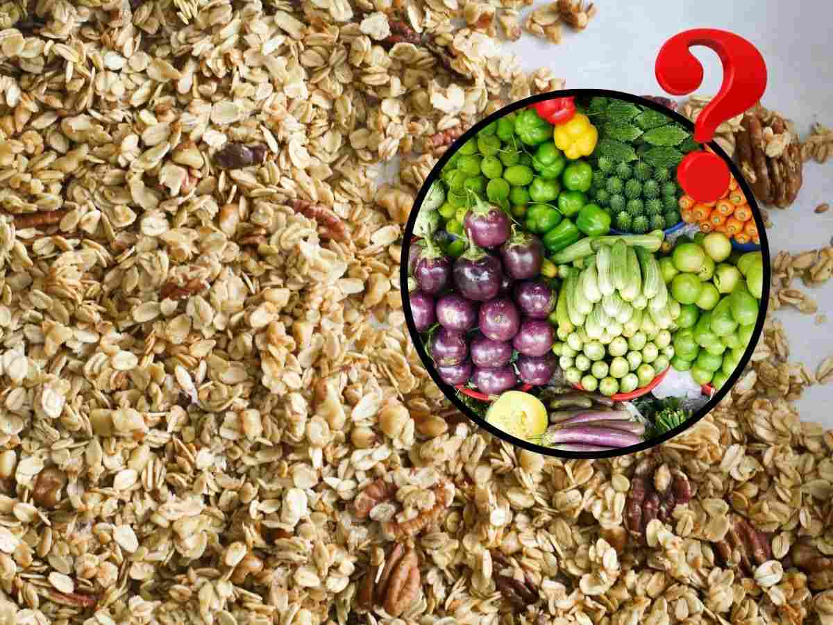 sfondo granola e tondo con ortaggi e punto interrogativo