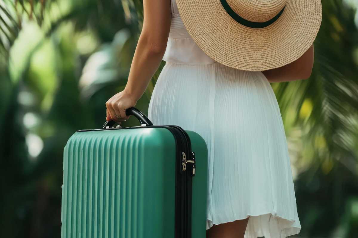 Donna con cappello e valigia verde