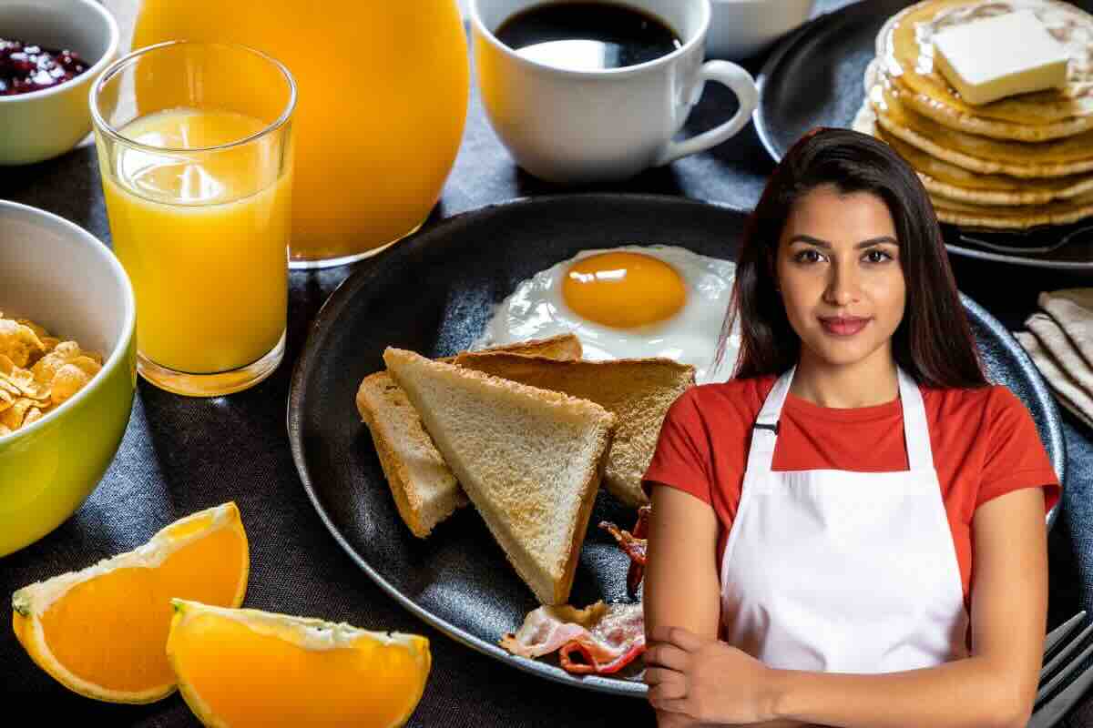 Uova, toast in padella, aranciata, donna con grembiule da cucina