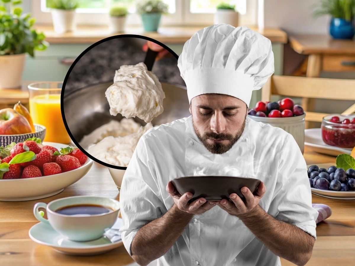 sfondo tavola con colazione, tondo con ricotta e chef che odora piatto