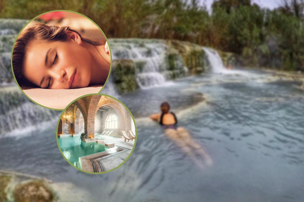 Una donna a mollo in una piscina termale e, in evidenza, un volto rilassato di donna e un impianto termbale chiuso