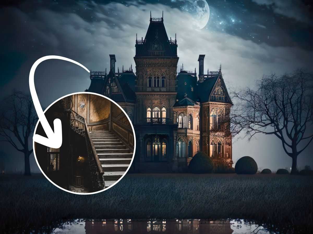 sfondo villa maledetta e freccia che indica tondo con scalinate