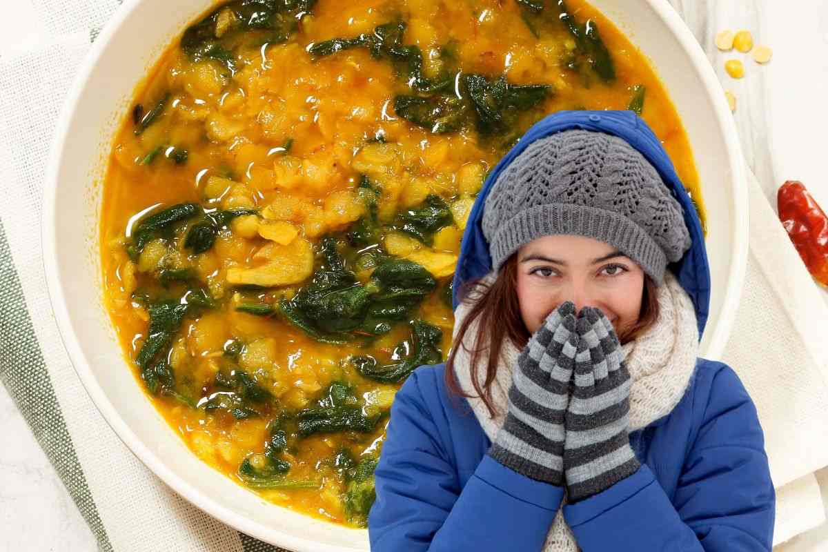 donna infreddolita e zuppa con zucca e lenticchie