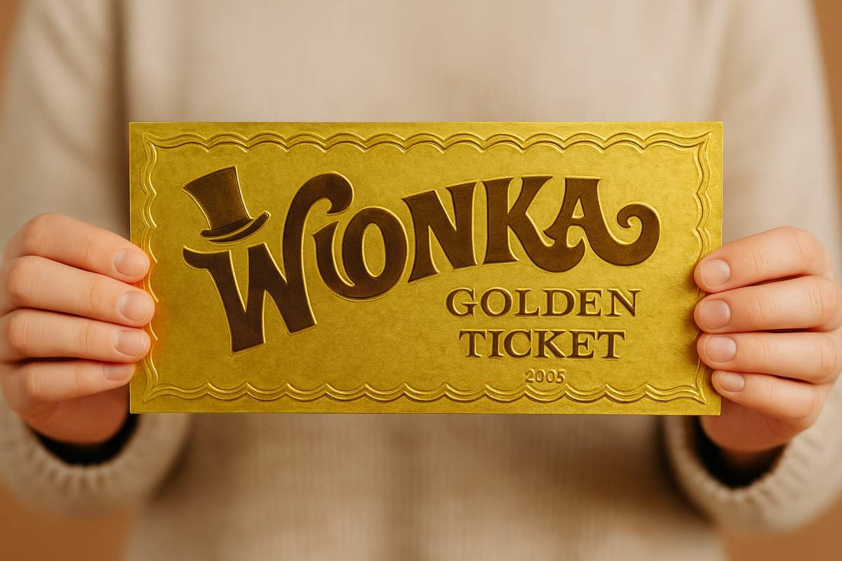 Illustrazione donna con in mano il biglietto d'oro della Fabbrica di Cioccolato di Willy Wonka